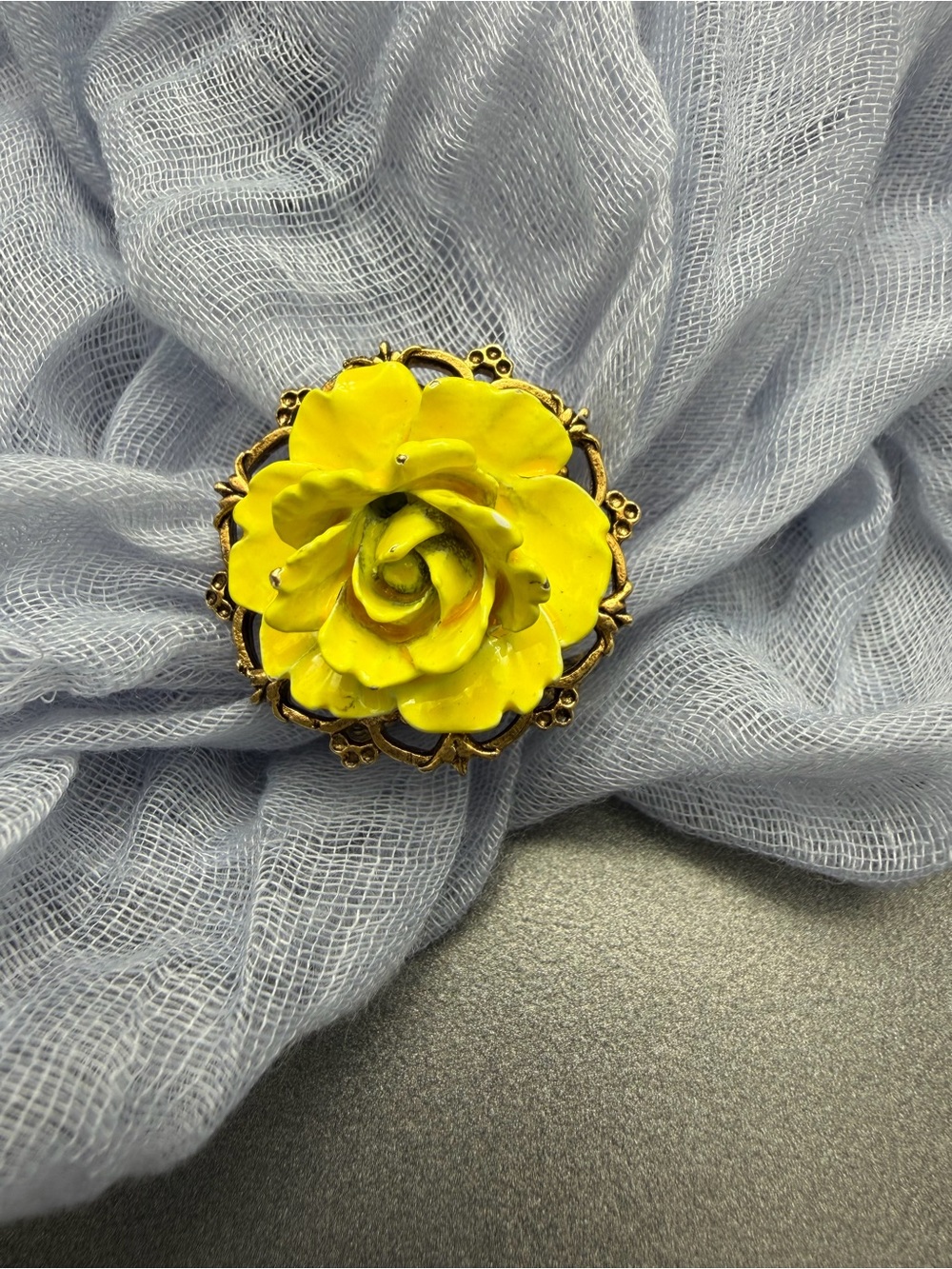 Vintage ART signed Yellow Floral Brooch Scarf Clip  #430SC